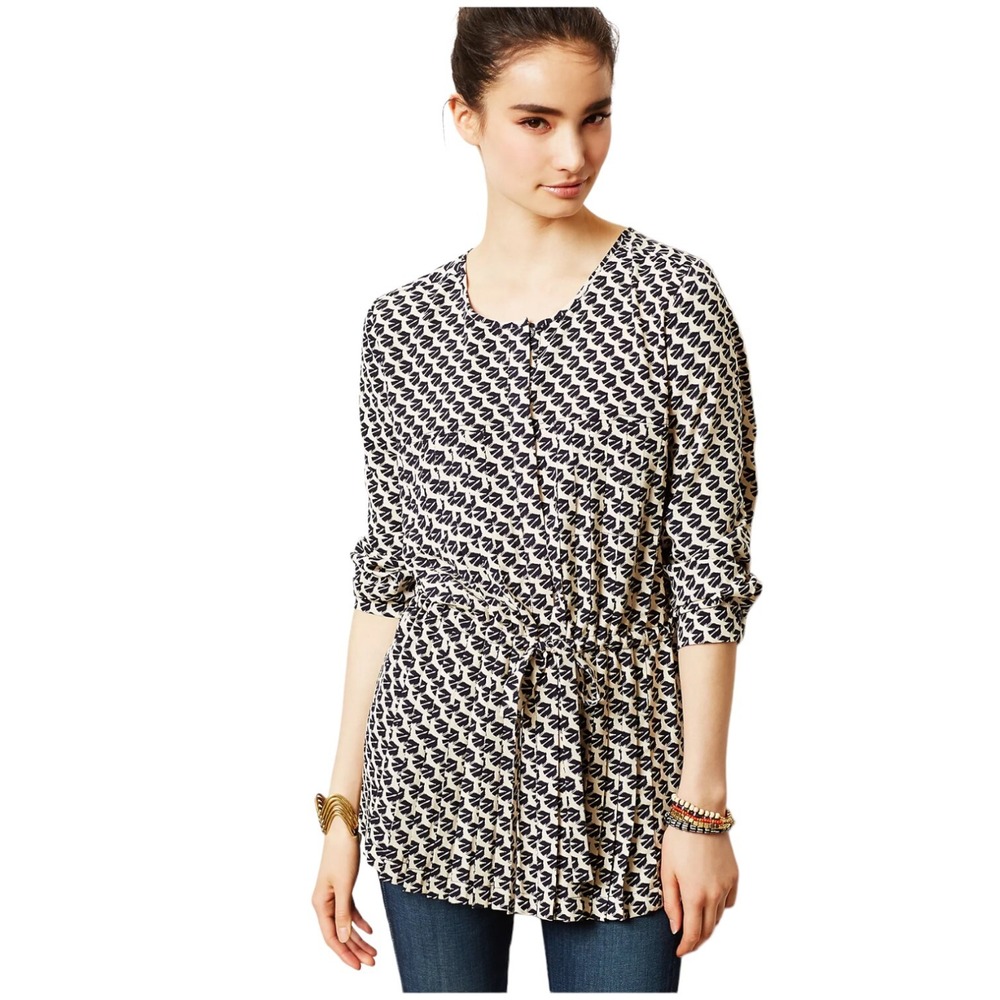 Maeve Women Small Tunic Top Navy Cream Crane Print Drawstring Waist Blouse
